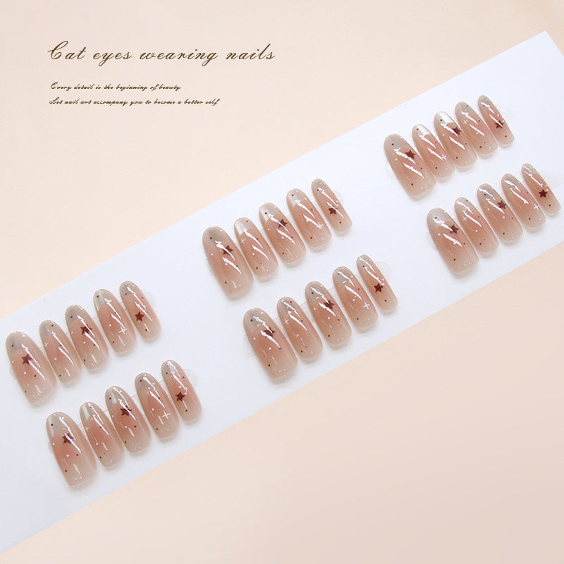 Mystical Charm Long Oval Beige Press-On Nails with Glitter Stars