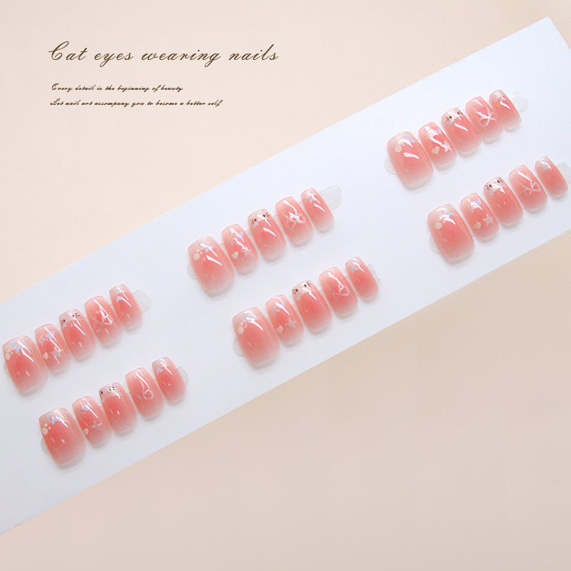 Whimsical Floral Dream Cat Eye Press-On Nail Set Short Square Pink with Delicate White Accents