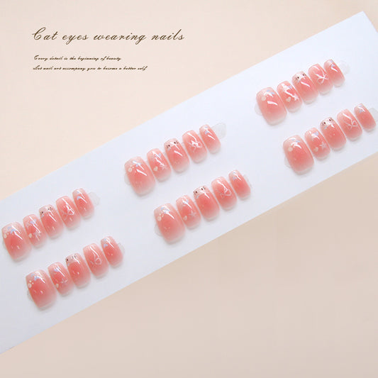 Whimsical Floral Dream Cat Eye Press-On Nail Set Short Square Pink with Delicate White Accents
