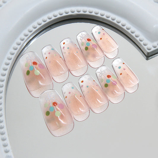 Whimsical Blossom Medium Coffin Pink with Colorful Dot Design Press on Nail Set