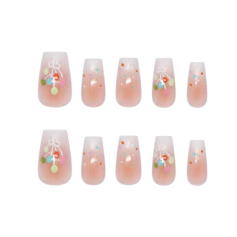 Whimsical Spring Blossom Press-On Nail Set in Soft Pink Medium Square Shape Featuring Charming Colorful Dots
