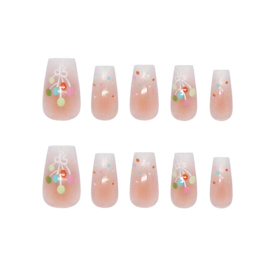 Whimsical Spring Blossom Press-On Nail Set in Soft Pink Medium Square Shape Featuring Charming Colorful Dots