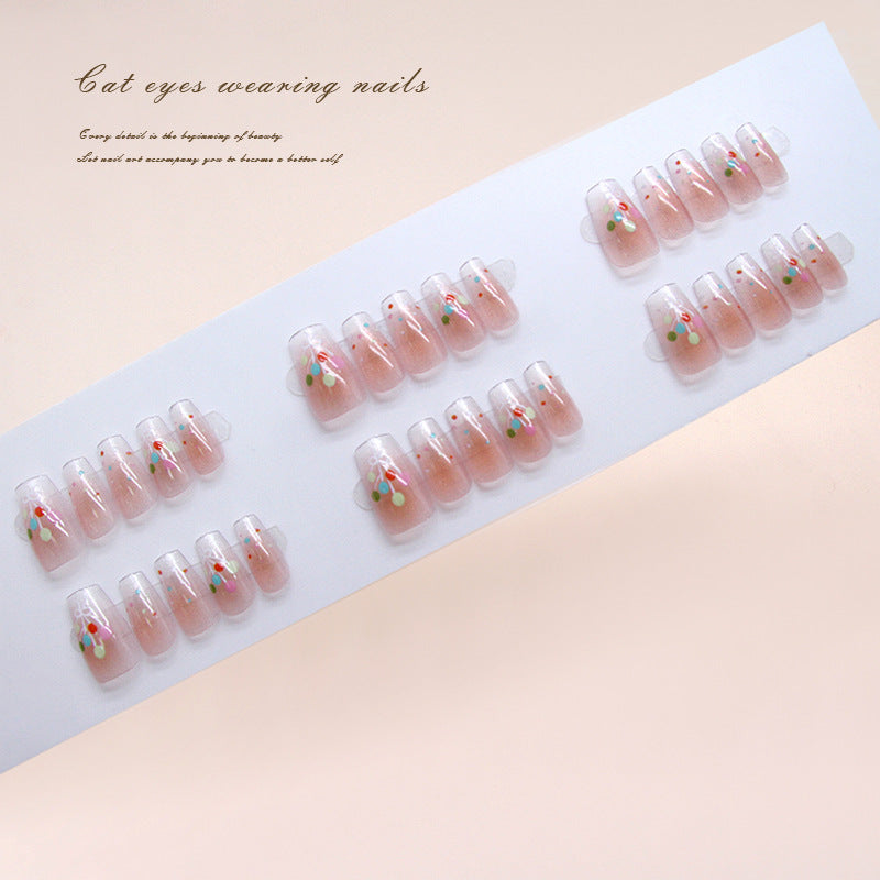 Whimsical Blossom Cat Eye Press On Nail Set Medium Coffin Soft Pink with Colorful Floral Accents