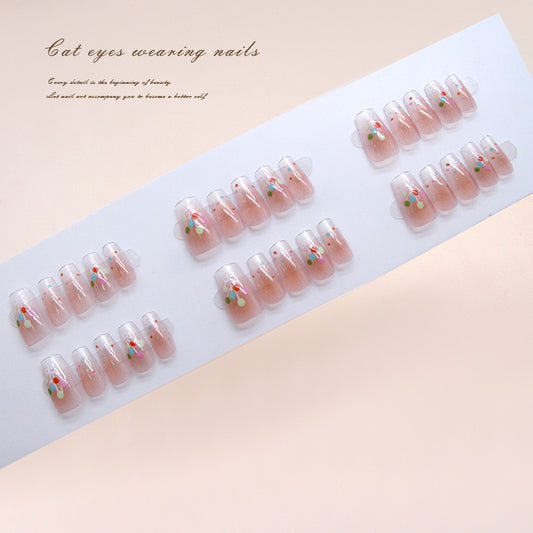 Whimsical Blossom Cat Eye Press On Nail Set Medium Coffin Soft Pink with Colorful Floral Accents