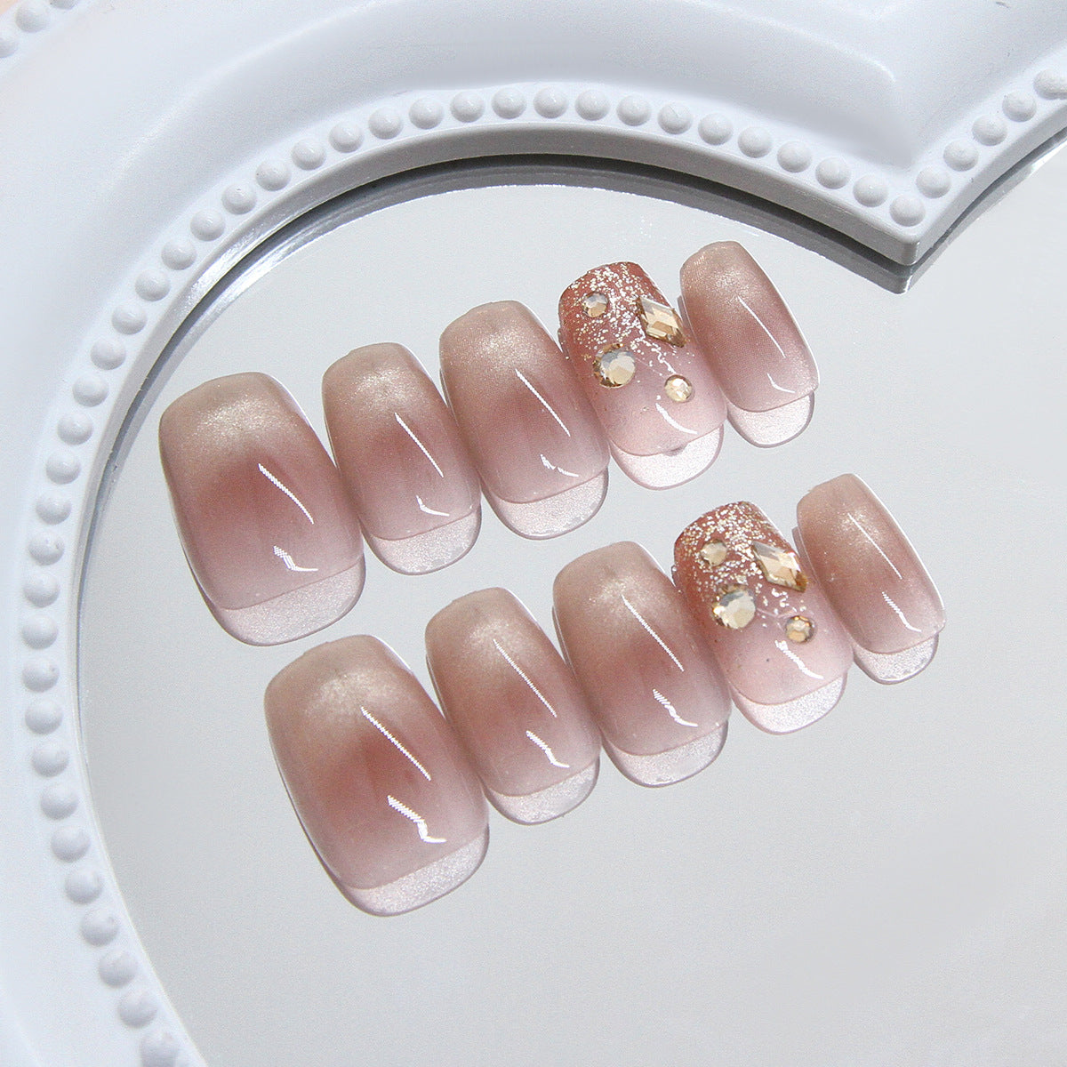 Blush Elegance Coffin Shape Short Length Soft Pink with Glittering Gem Accents Press On Nail Set