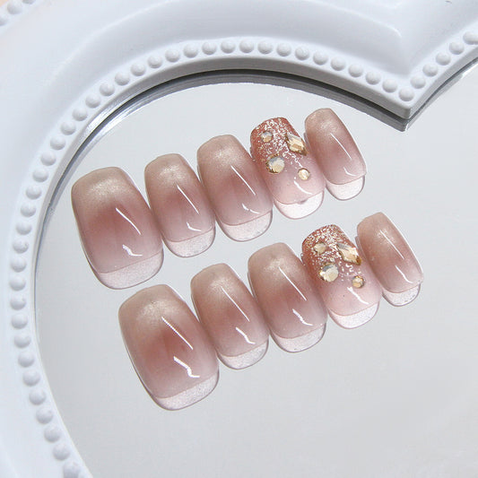 Blush Elegance Coffin Shape Short Length Soft Pink with Glittering Gem Accents Press On Nail Set