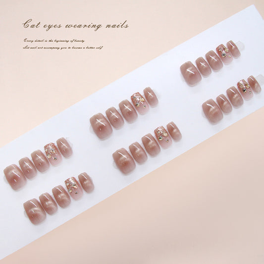 Enchanting Cat Eye Press On Nail Set Short Square Blush Pink with Glittering Accents