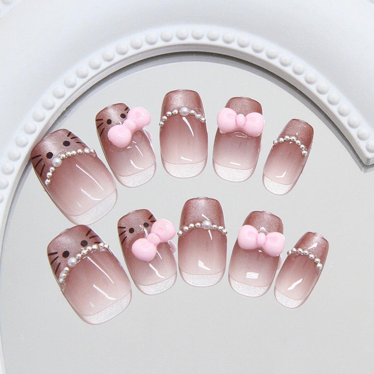 Whimsical Charm Extra Medium Square Gradient Pink Faux Pearl And Bow Detail Press On Nail Set