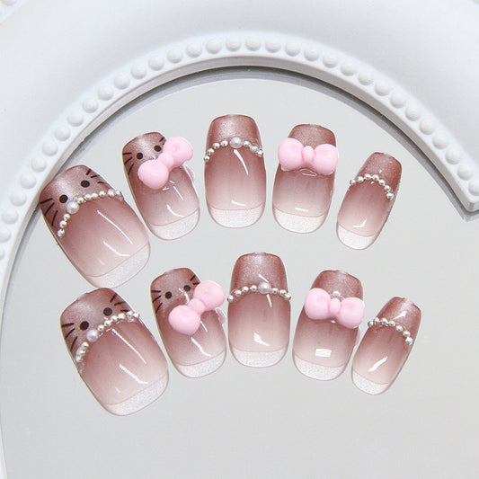 Whimsical Charm Extra Medium Square Gradient Pink Faux Pearl And Bow Detail Press On Nail Set