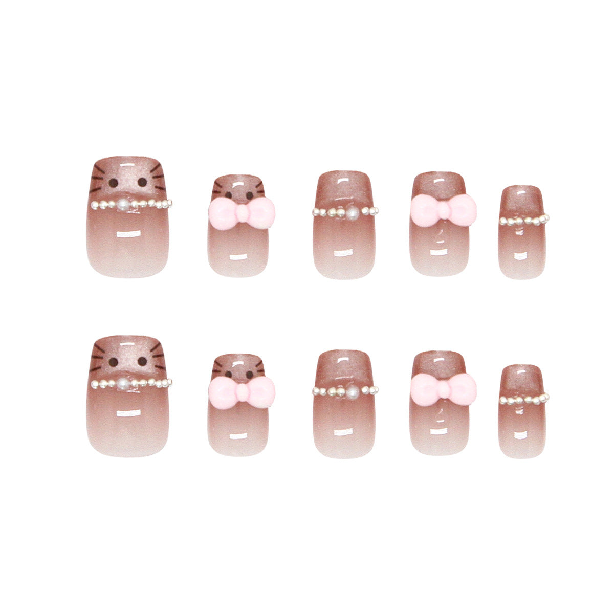Charming Kitty Theme Medium Square Gradient Pink Press On Nail Set With Adorable Bow And Pearl Accents