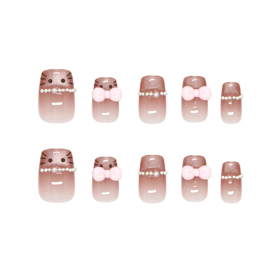 Charming Kitty Theme Medium Square Gradient Pink Press On Nail Set With Adorable Bow And Pearl Accents