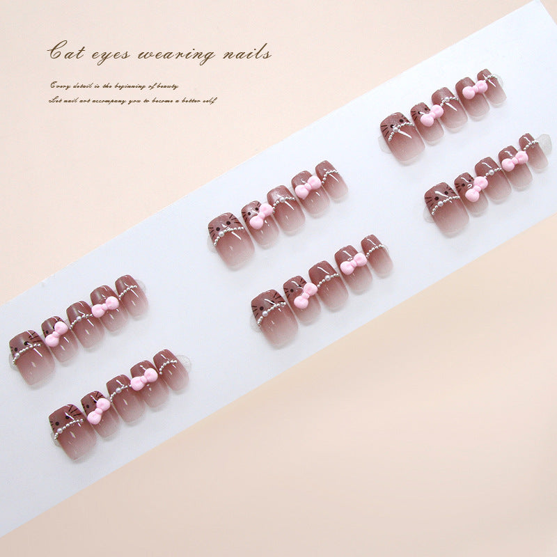 Enchanted Cat Eyes Medium Square Pink Gradient Press on Nail Set with Adorable Bow Details