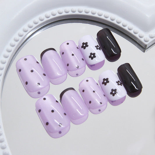 Whimsical Floral Delight Medium Square Lilac and White with Black Dots and Flowers Press-On Nail Set