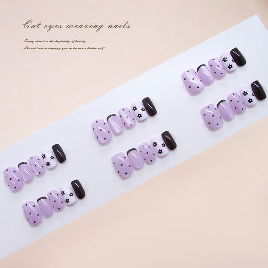 Whimsical Charm Lilac Short Square Press-On Nail Set with Floral and Dark Accent Design