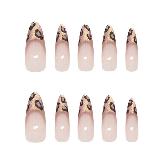 Glamorous Jungle Inspired Elegant Long Almond Press On Nail Set in Natural Pink with Leopard Print Tips