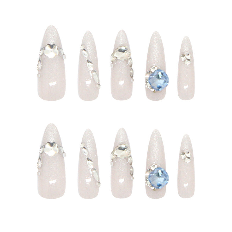 Glistening Frost Fantasy Long Almond Shimmering White with Sparkling Gems Press-On Nail Set