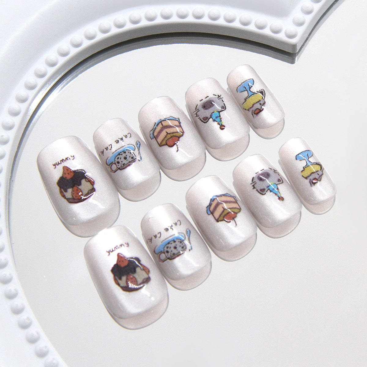Dessert Delight Short Square White Glossy Press-On Nail Set with Cute Food Illustrations