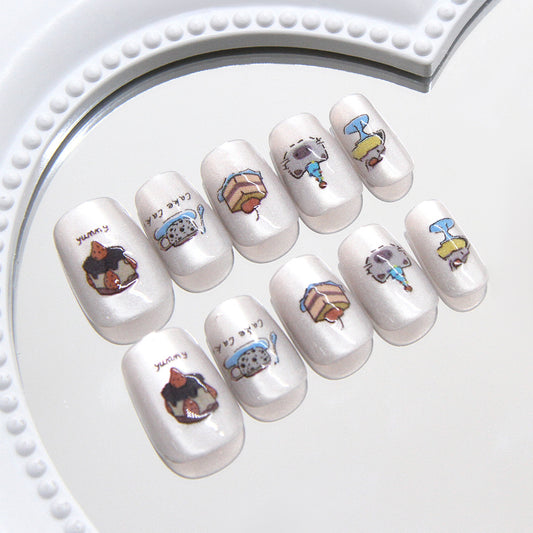 Dessert Delight Short Square White Glossy Press-On Nail Set with Cute Food Illustrations