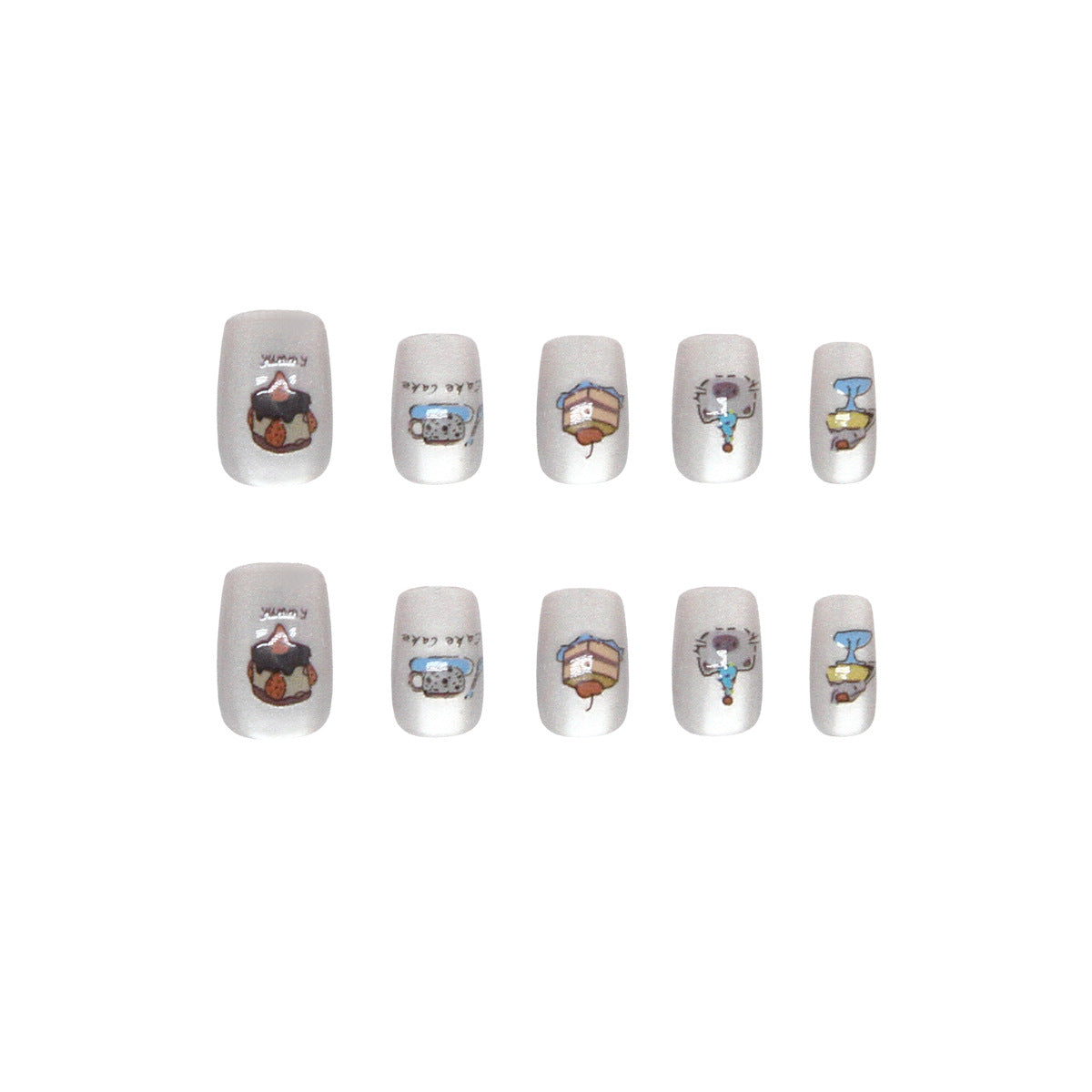 Sweet Treats Lengthy Short Square White Nail Set with Cute Dessert Graphics