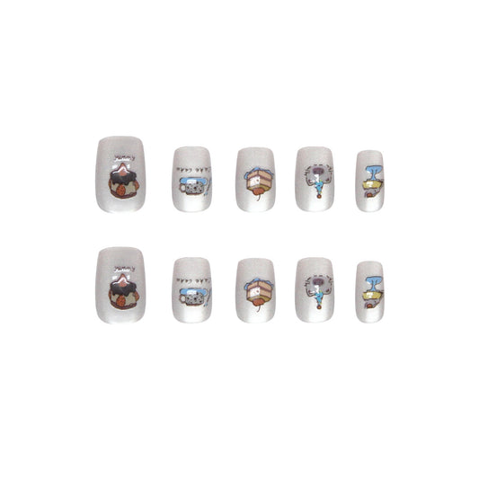 Sweet Treats Lengthy Short Square White Nail Set with Cute Dessert Graphics