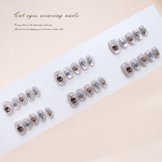 Whimsical Cat Eye Press On Nail Set Short Square Beige with Cute Dessert Illustrations