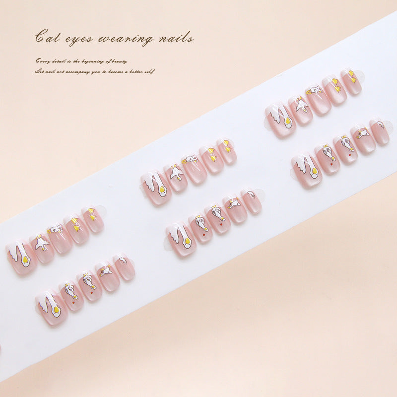 Whimsical Charm Short Square Soft Pink Nail Set with Cat Eye Design