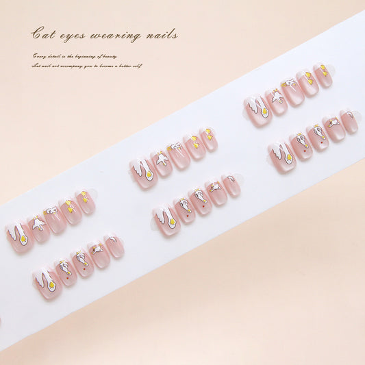 Whimsical Charm Short Square Soft Pink Nail Set with Cat Eye Design