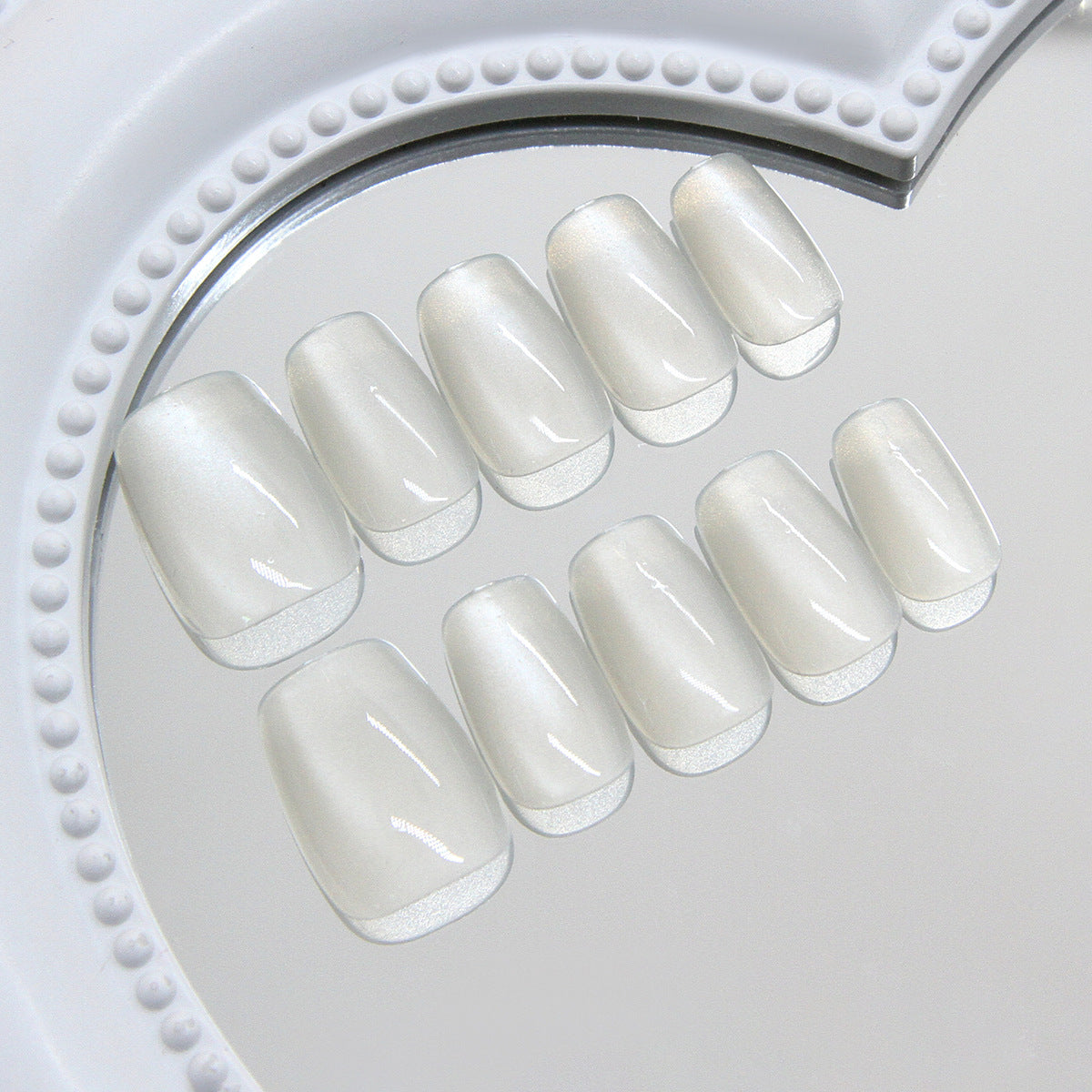 Chic Elegance Short Square Glossy White Press On Nail Set with Iridescent Shine