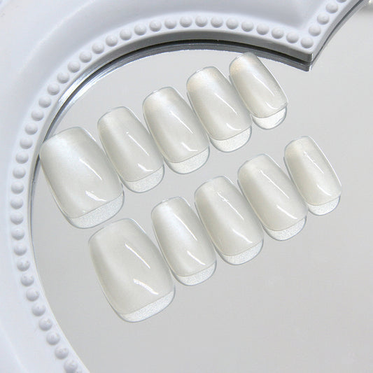 Chic Elegance Short Square Glossy White Press On Nail Set with Iridescent Shine