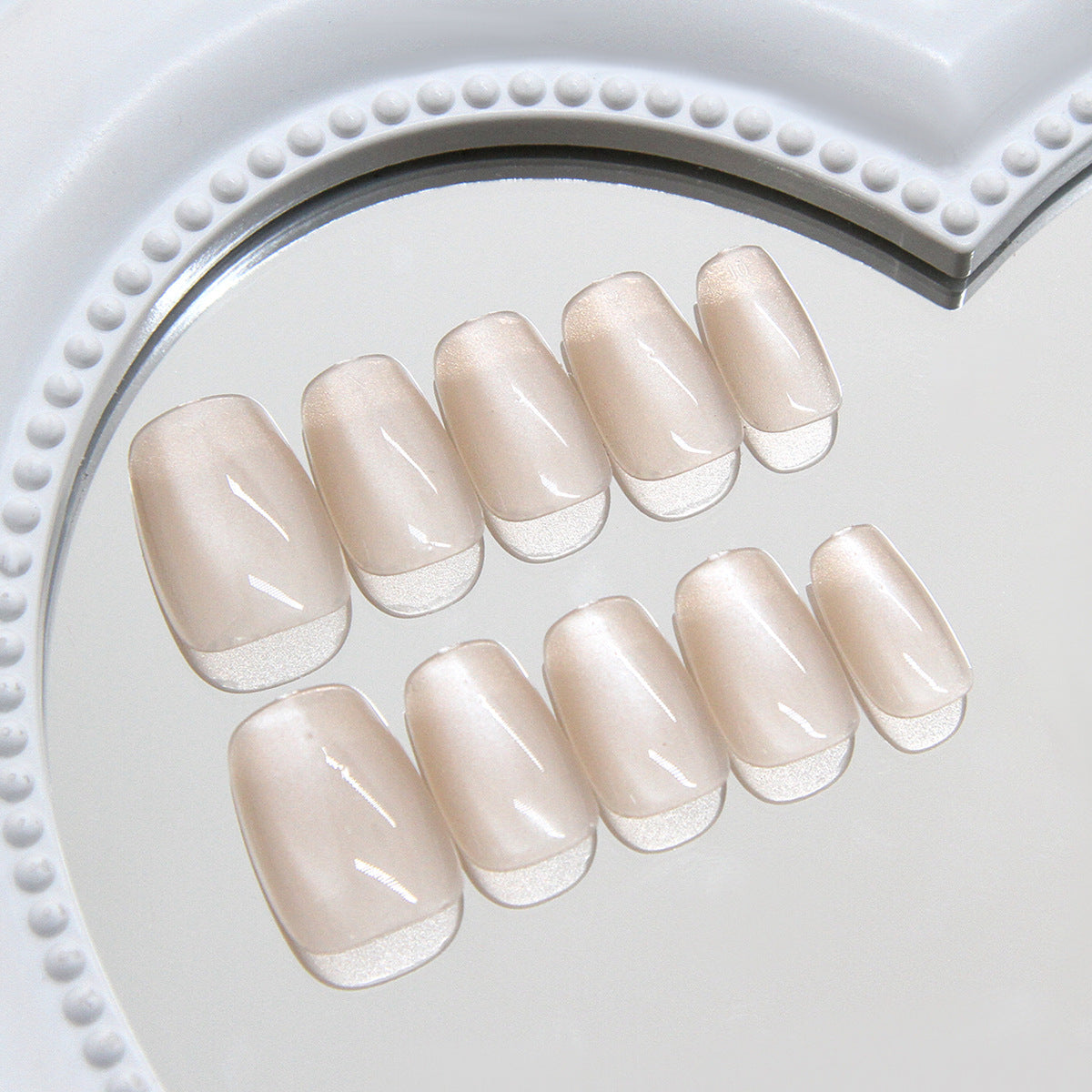 Chic Elegance Short Square Shape Beige Color Glossy Finish Press On Nail Set