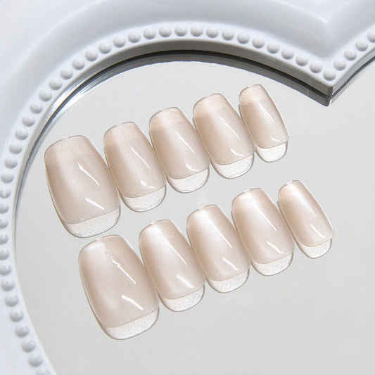 Chic Elegance Short Square Shape Beige Color Glossy Finish Press On Nail Set