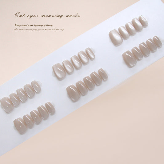 Enchanting Cat Eye Press-On Nail Set in Short Length Square Shape Soft Beige Color with Iridescent Shine