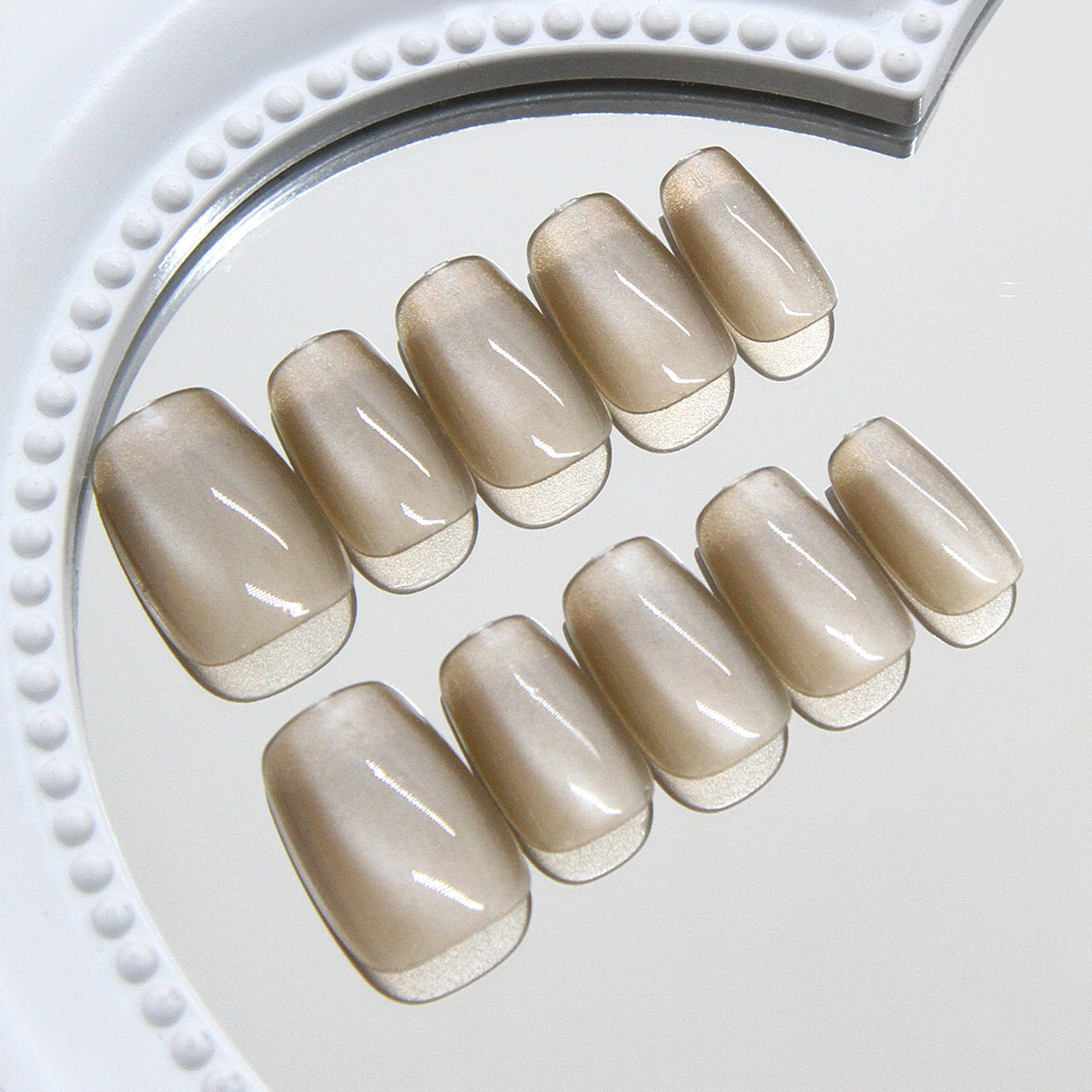 Elegant Charm Oval Short Square Beige Shimmer Press On Nail Set