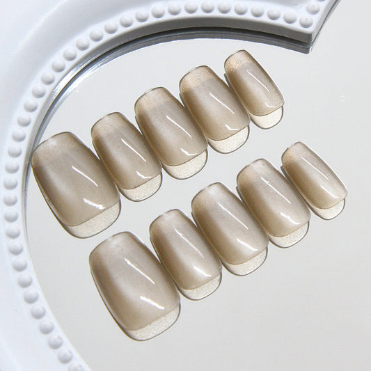 Elegant Charm Oval Short Square Beige Shimmer Press On Nail Set