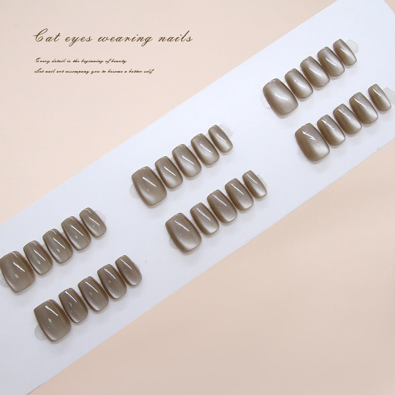 Mystical Elegance Short Square Beige Cat Eye Press On Nail Set with Unique Luminous Effect