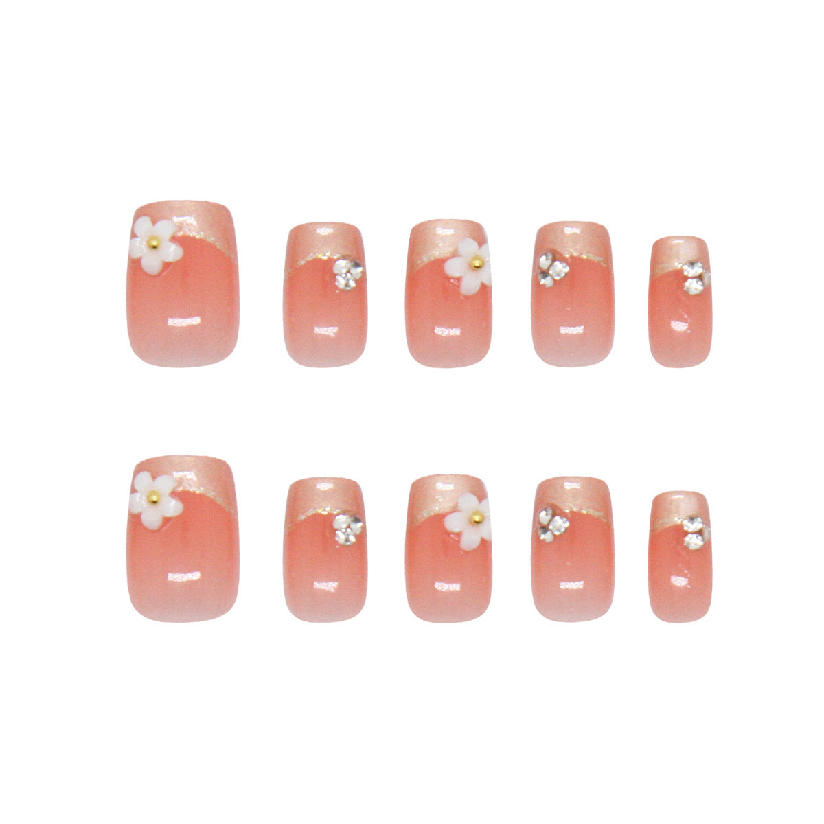 Blossom Garden Press-On Nail Set Short Square Peach with Floral Embellishments and Glitter Accents