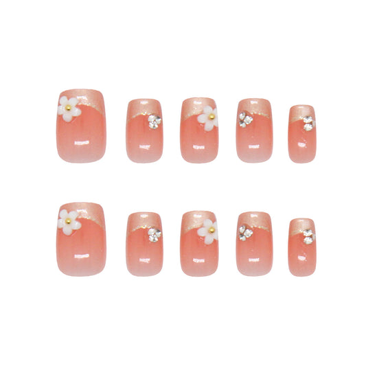 Blossom Garden Press-On Nail Set Short Square Peach with Floral Embellishments and Glitter Accents