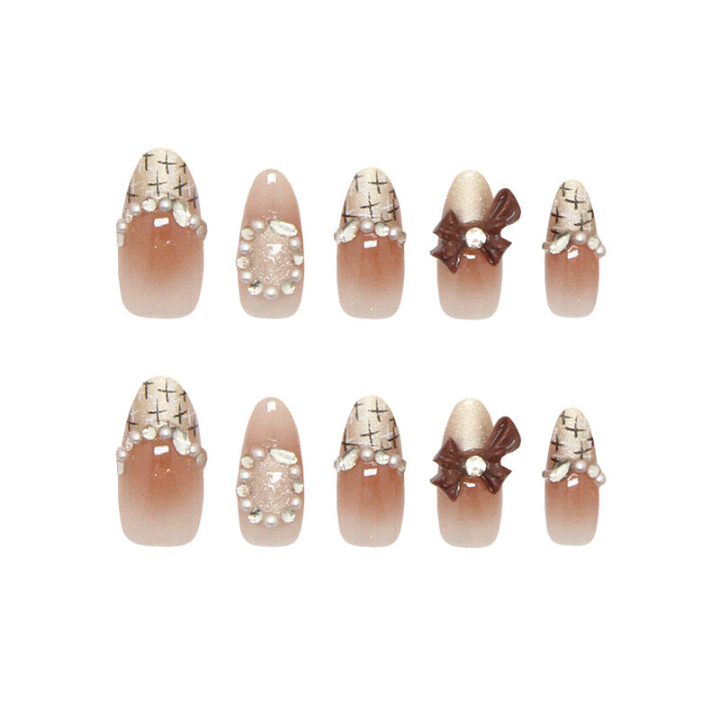 Chic Elegance Medium Almond Ombre Beige with Charming Bow and Pearl Accents Press On Nail Set