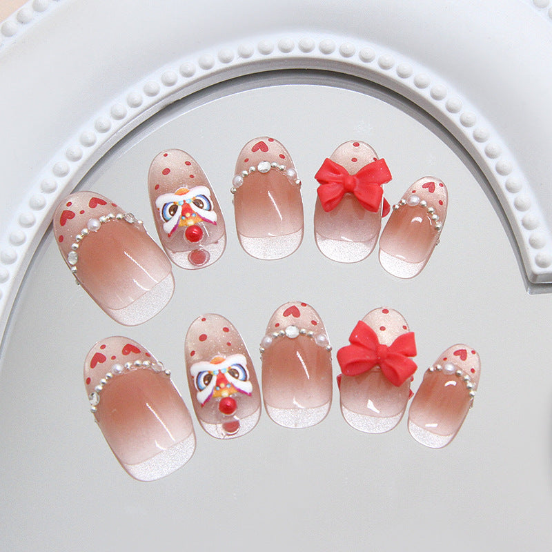 Whimsical Romance Short Oval Transparent Red Heart and Bow Adorned Press On Nail Set