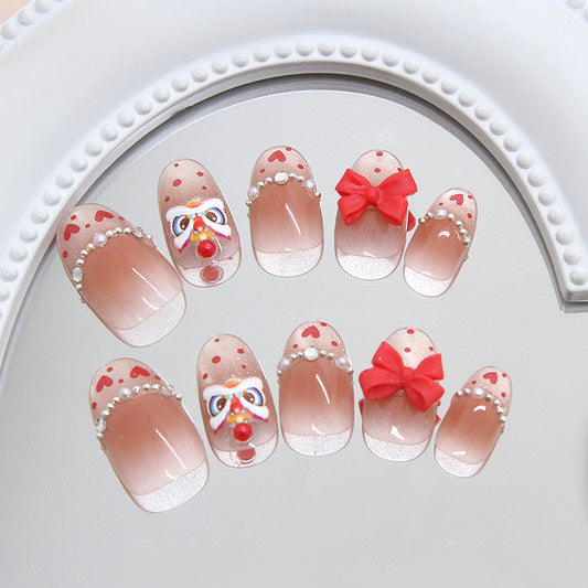 Whimsical Romance Short Oval Transparent Red Heart and Bow Adorned Press On Nail Set
