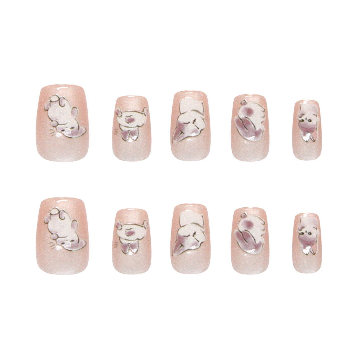 Whimsical Pet Theme Short Square Soft Pink Press On Nail Set with Charming Cute Animal Illustrations