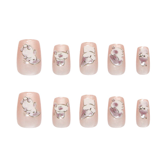 Whimsical Pet Theme Short Square Soft Pink Press On Nail Set with Charming Cute Animal Illustrations