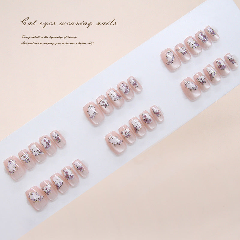 Charming Cat Eyes Short Square Pink Press On Nail Set with Unique Cat Design