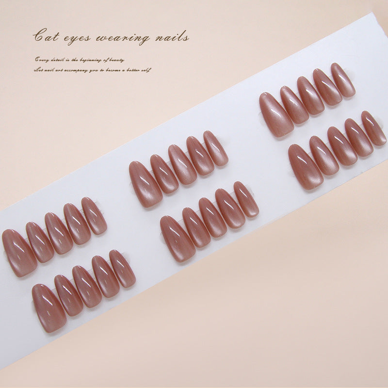 Enchanting Elegance Medium Almond Shape Soft Rose Color Reflective Cat Eye Finish Press On Nail Set