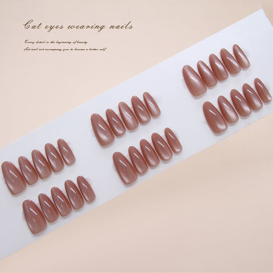 Enchanting Elegance Medium Almond Shape Soft Rose Color Reflective Cat Eye Finish Press On Nail Set