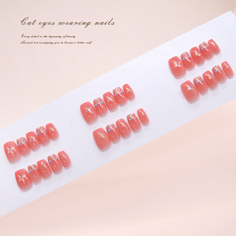 Enchanting Coral Short Square Press-On Nail Set with Eye-Catching Glitter Accents