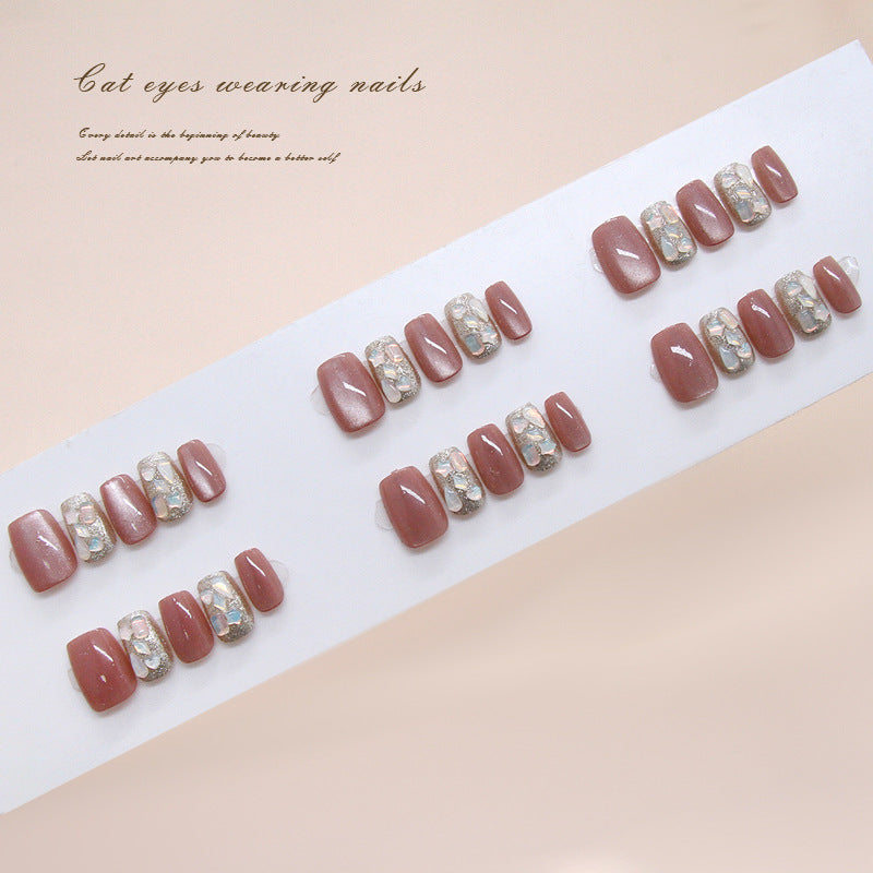 Glamorous Cat Eye Short Square Soft Pink Press On Nail Set with Sparkling Jewel Accent Features