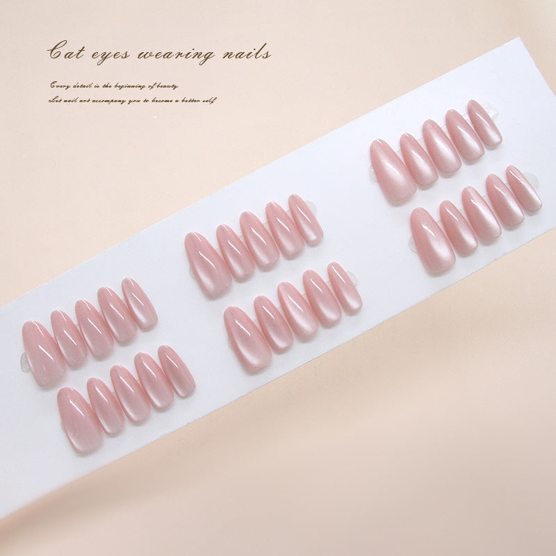Enchanting Elegance Long Almond Pink Cat Eye Press On Nail Set