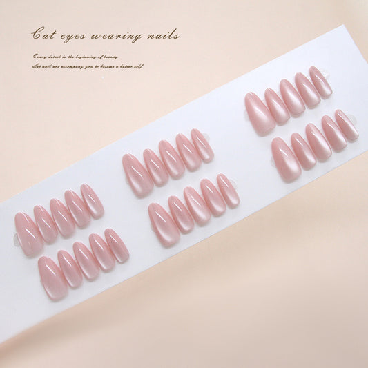 Enchanting Elegance Long Almond Pink Cat Eye Press On Nail Set