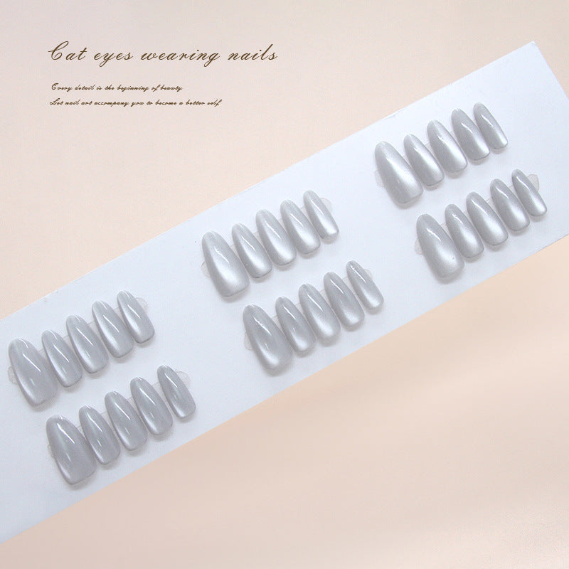Mystical Moonlight Graceful Long Almond Shaped Silver Cat Eye Press On Nail Set